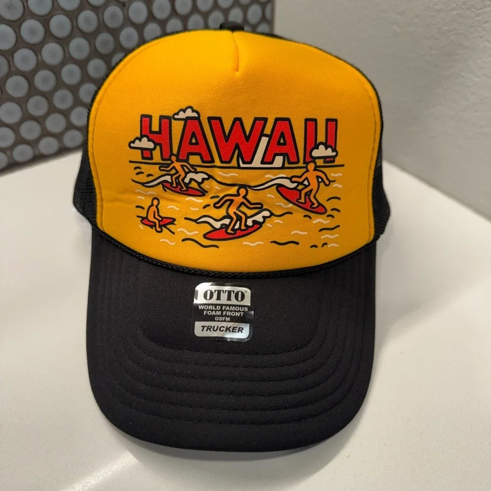 Hawaii Hat Cap Trucker Mesh Snap Back Graphic Surfing Surf Black Yellow Otto‎